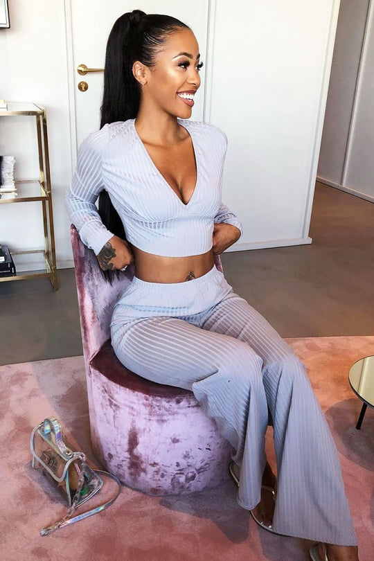 Grey Wide Leg Ribbed Plunge Neck Co-ord - Brooke
