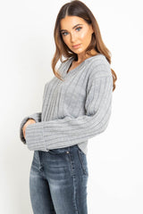 Grey Wide Rib V Neck Jumper - Alinah-Jumper
