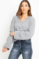 Grey Wide Rib V Neck Jumper - Alinah-Jumper