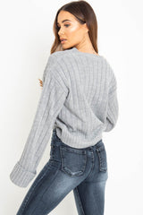 Grey Wide Rib V Neck Jumper - Alinah-Jumper
