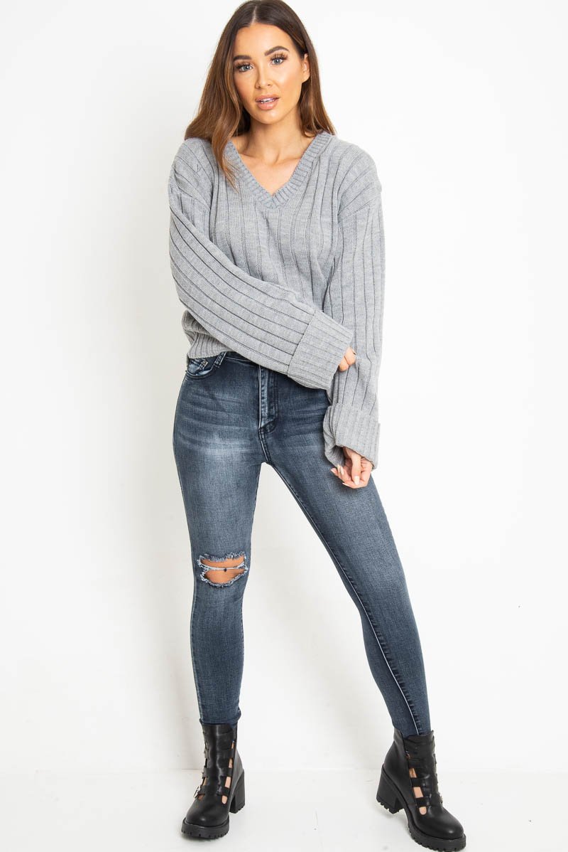 Grey Wide Rib V Neck Jumper - Alinah-Jumper