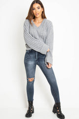 Grey Wide Rib V Neck Jumper - Alinah-Jumper
