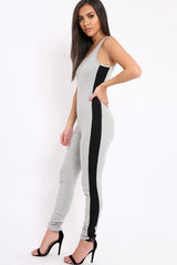 Grey With Black Side Stripe Bodycon Jumpsuit - Tinisha-Jumpsuits