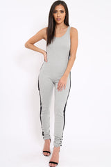 Grey With Black Side Stripe Bodycon Jumpsuit - Tinisha-Jumpsuits