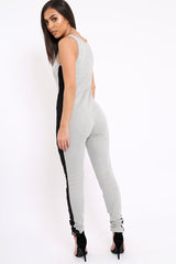 Grey With Black Side Stripe Bodycon Jumpsuit - Tinisha-Jumpsuits