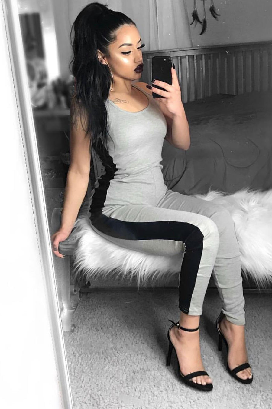 Grey With Black Side Stripe Bodycon Jumpsuit - Tinisha-Jumpsuits