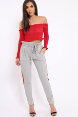 Grey With Red Stripe Paper Bag Tie Waist Cigarette Trousers - Karmen-Trousers