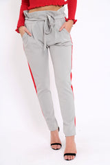 Grey With Red Stripe Paper Bag Tie Waist Cigarette Trousers - Karmen-Trousers