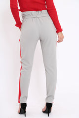Grey With Red Stripe Paper Bag Tie Waist Cigarette Trousers - Karmen-Trousers