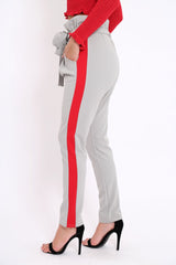 Grey With Red Stripe Paper Bag Tie Waist Cigarette Trousers - Karmen-Trousers