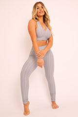Grey Woven Ribbed Leggings and Crop Top Co-ord - Henli-Co-ords