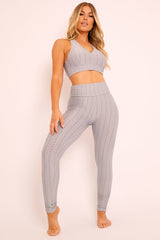 Grey Woven Ribbed Leggings and Crop Top Co-ord - Henli-Co-ords