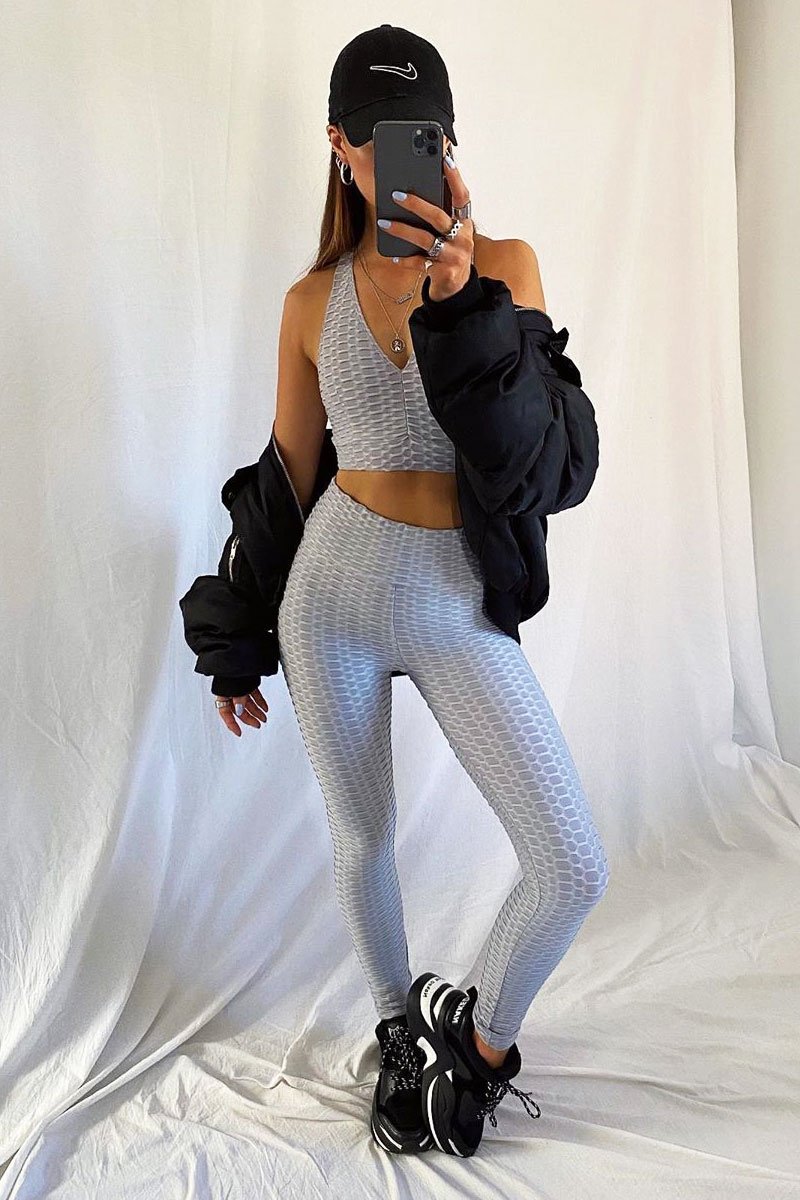 Grey Woven Ribbed Leggings and Crop Top Co-ord - Henli-Co-ords