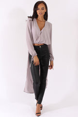 Grey Wrap Front Dip Hem Shirt - Kamlyn-Shirts