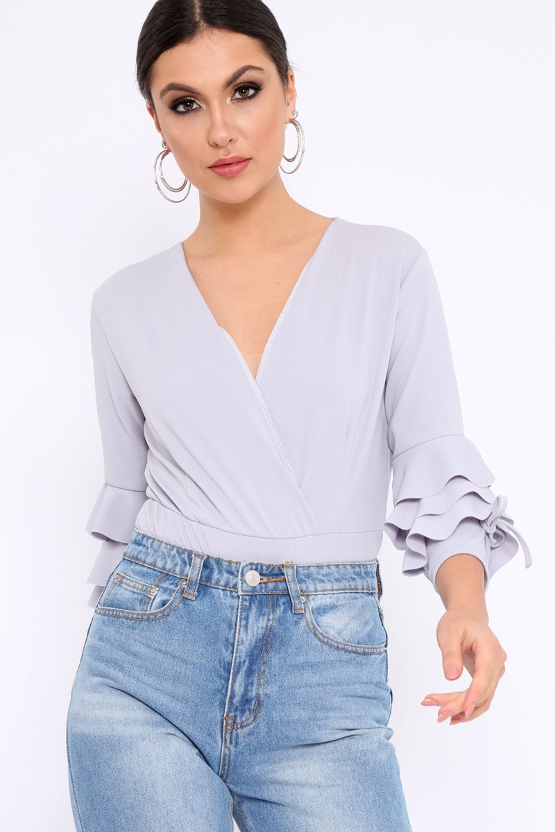 Grey Wrap Front Frill Sleeves Bodysuit - Yazlin-Bodysuits