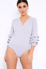 Grey Wrap Front Frill Sleeves Bodysuit - Yazlin-Bodysuits