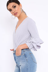 Grey Wrap Front Frill Sleeves Bodysuit - Yazlin-Bodysuits