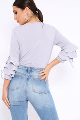 Grey Wrap Front Frill Sleeves Bodysuit - Yazlin-Bodysuits