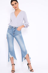 Grey Wrap Front Frill Sleeves Bodysuit - Yazlin-Bodysuits