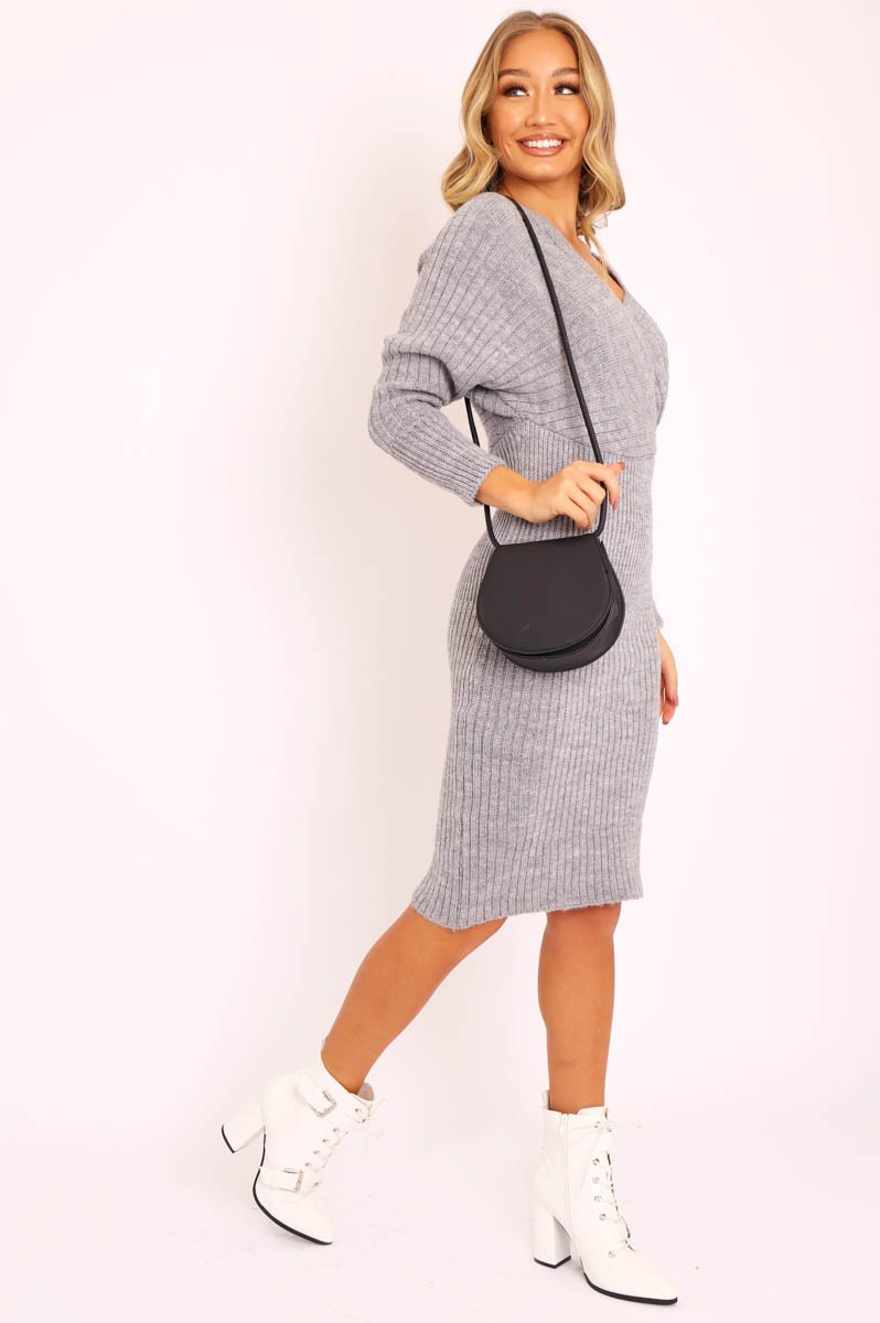 Grey Wrap Front Knit Midi Dress - Edan Rebellious Fashion Grey Wrap Front Knit Midi Dress - Edan Rebellious Fashion