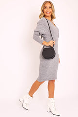 Grey Wrap Front Midi Jumper Dress - Edan-Dresses