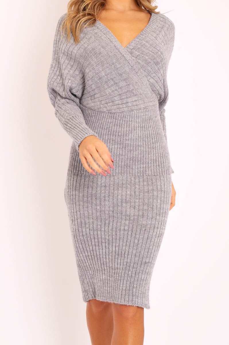 Grey Wrap Front Midi Jumper Dress - Edan-Dresses