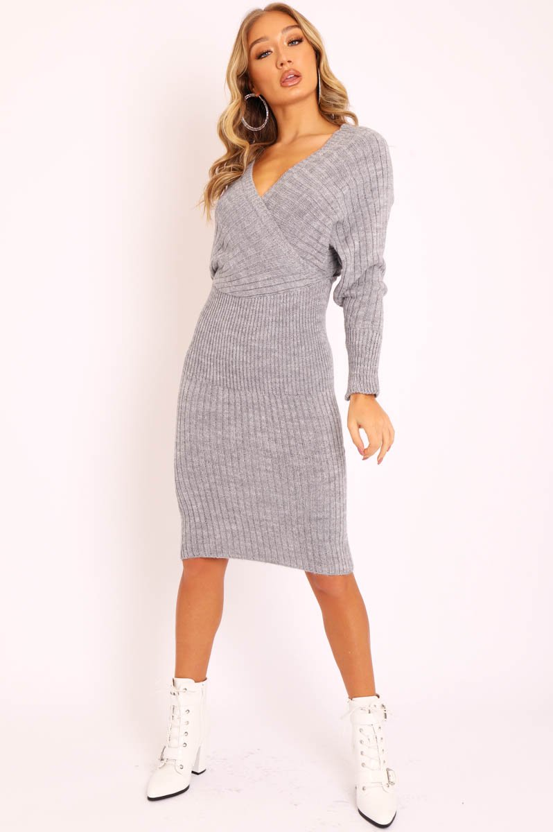 Grey Wrap Front Knit Midi Dress - Edan Rebellious Fashion Grey Wrap Front Knit Midi Dress - Edan Rebellious Fashion