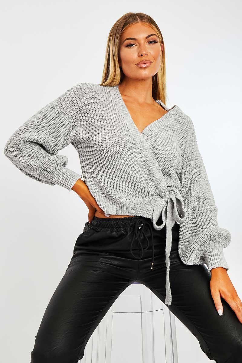Grey Wrap Tie Details Cardigan - Lucy-Cardigans