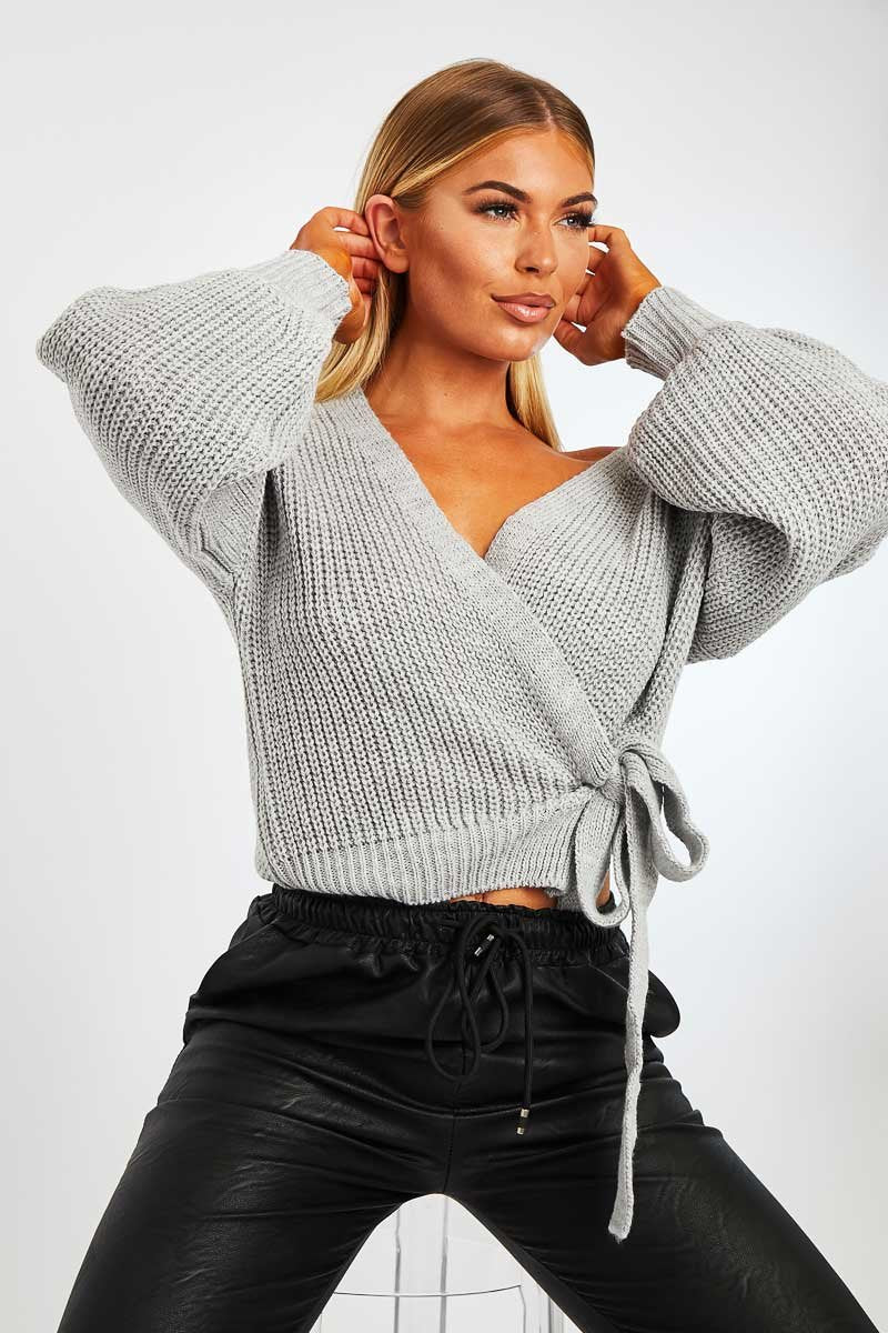 Grey Wrap Tie Details Cardigan - Lucy-Cardigans
