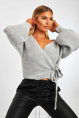 Grey Wrap Tie Details Cardigan - Lucy-Cardigans