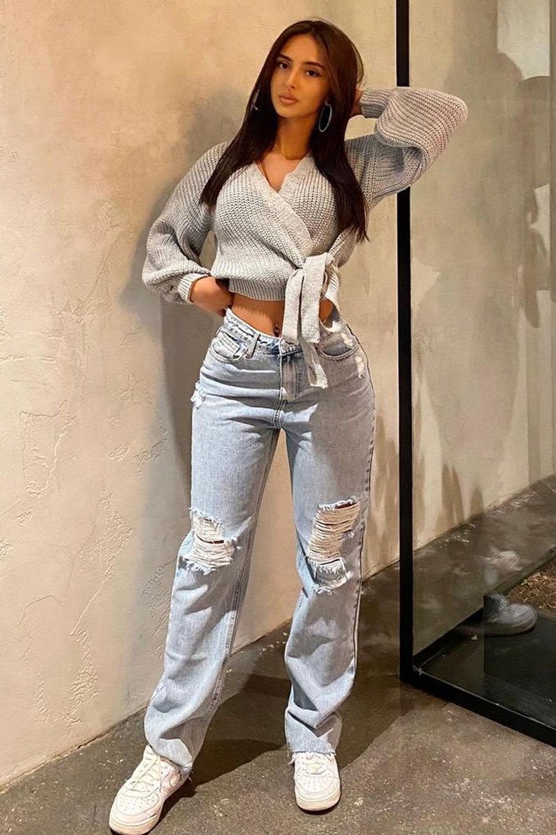 Grey Wrap Tie Details Cardigan - Lucy-Cardigans