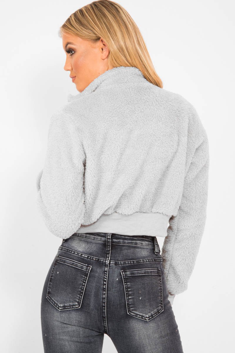 Grey Zip Front Faux Fur Crop Jacket - Perri-Jackets