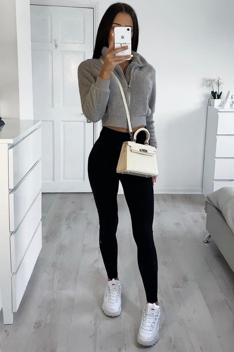 Grey Zip Front Faux Fur Crop Jacket - Perri-Jackets
