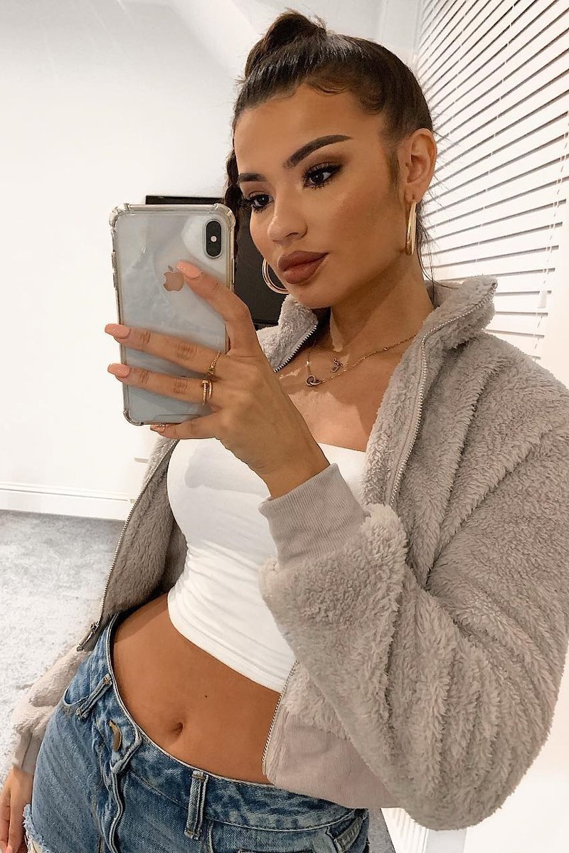 Grey Zip Front Faux Fur Crop Jacket - Perri-Jackets