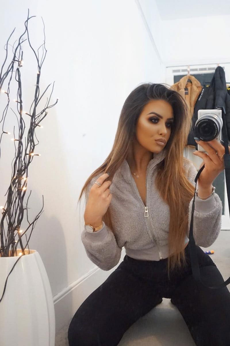 Grey Zip Front Faux Fur Crop Jacket - Perri-Jackets