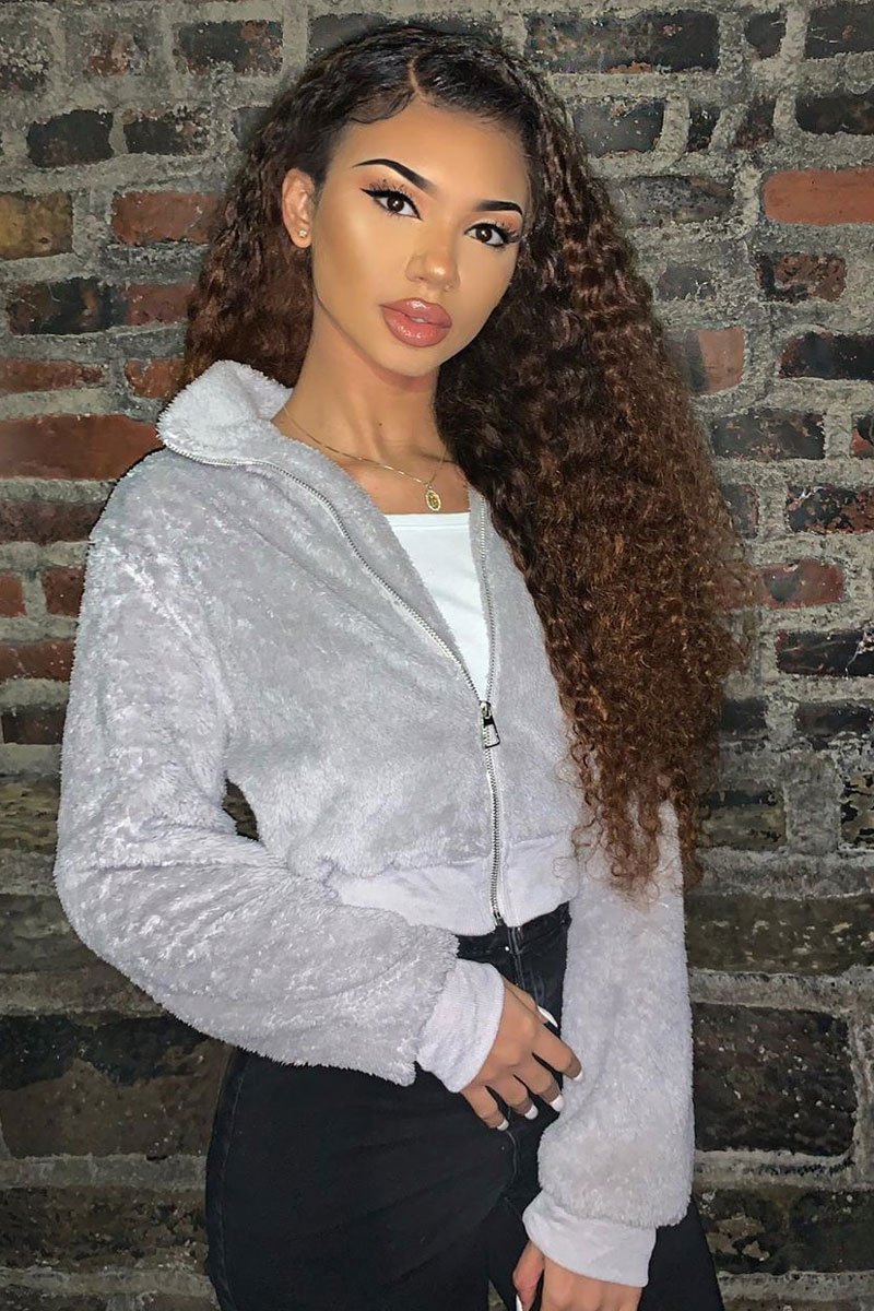 Grey Zip Front Faux Fur Crop Jacket - Perri-Jackets