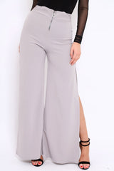 Grey Zip Front High Waisted Flare Trousers - Gerta-Trousers