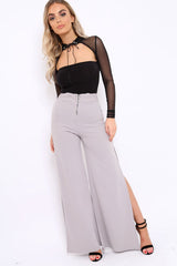 Grey Zip Front High Waisted Flare Trousers - Gerta-Trousers