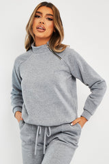 Grey Zip Neck Detail Sweatshirt - Jayda-Sweatshirts