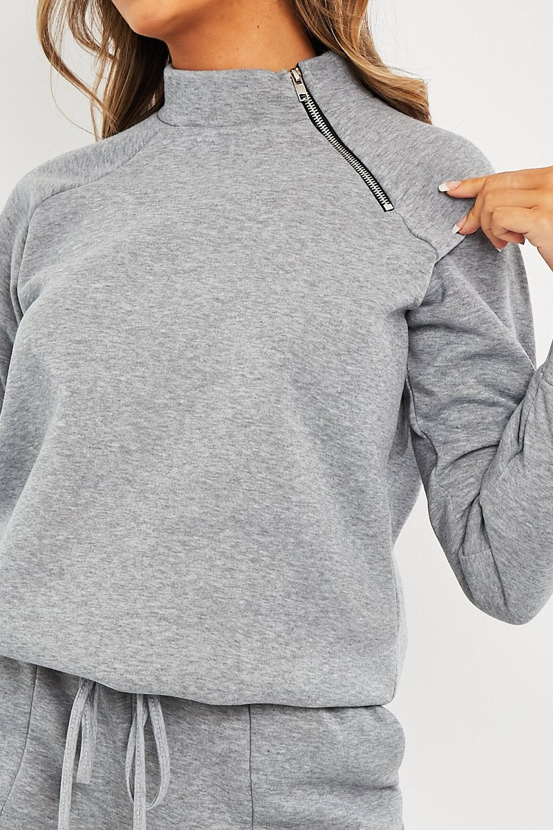 Grey Zip Neck Detail Sweatshirt - Jayda-Sweatshirts