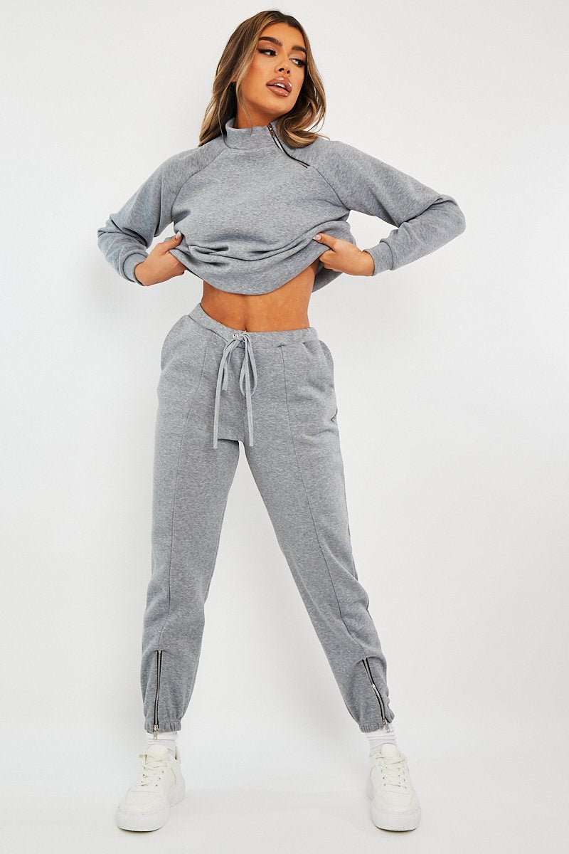 Grey Zip Neck Detail Sweatshirt - Jayda-Sweatshirts