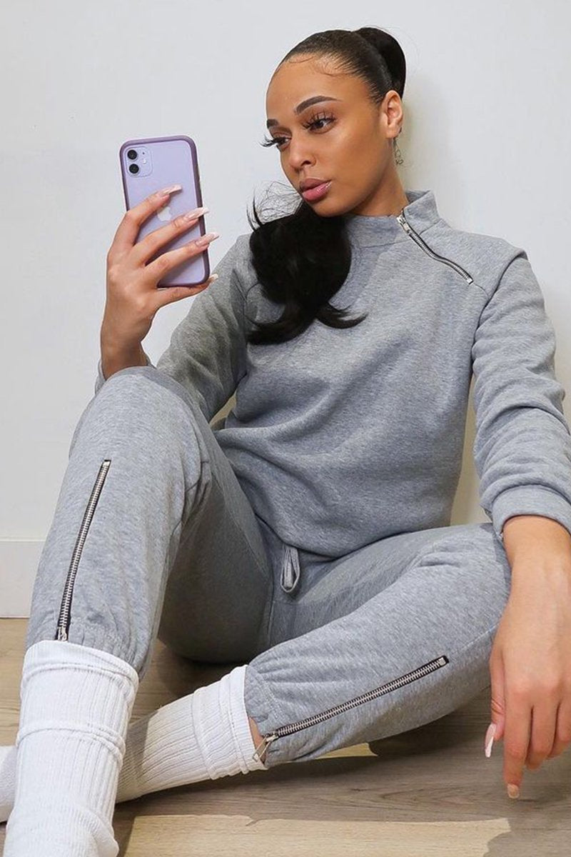 Grey Zip Neck Detail Sweatshirt - Jayda-Sweatshirts