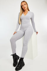 Grey Zip Up Front Full Sleeve Ribbed Jumpsuit - Lola-Jumpsuits