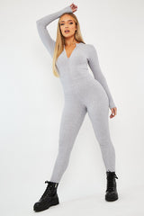 Grey Zip Up Front Full Sleeve Ribbed Jumpsuit - Lola-Jumpsuits