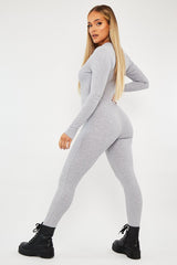 Grey Zip Up Front Full Sleeve Ribbed Jumpsuit - Lola-Jumpsuits
