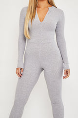 Grey Zip Up Front Full Sleeve Ribbed Jumpsuit - Lola-Jumpsuits