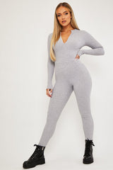 Grey Zip Up Front Full Sleeve Ribbed Jumpsuit - Lola-Jumpsuits