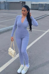 Grey Zip Up Front Full Sleeve Ribbed Jumpsuit - Lola-Jumpsuits