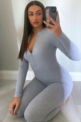 Grey Zip Up Front Full Sleeve Ribbed Jumpsuit - Lola-Jumpsuits