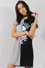 Grey and Black Slogan Print T-Shirt Dress - Harrlet-Dresses